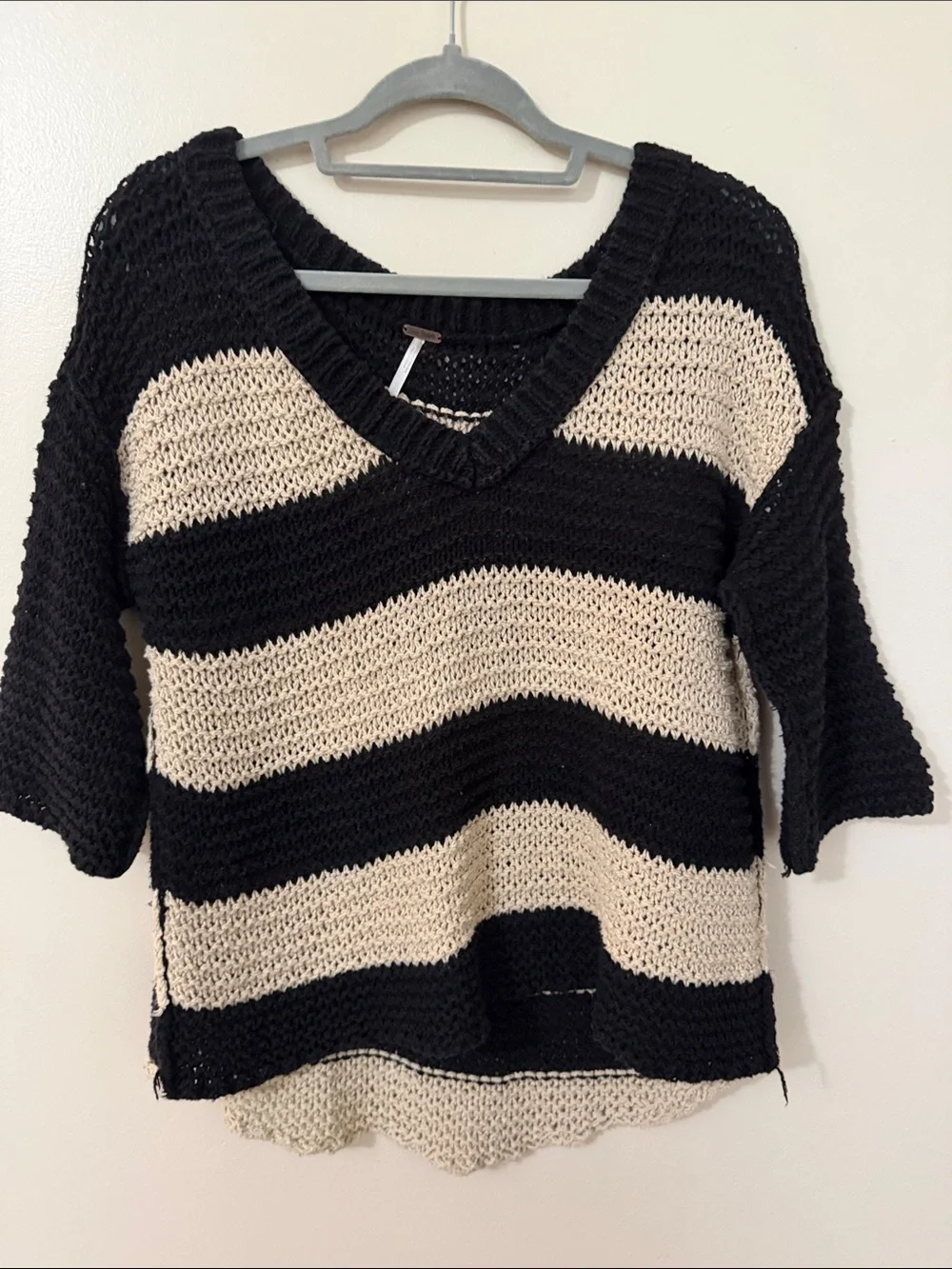 Free People Black & Cream Striped V-Neck Pullover